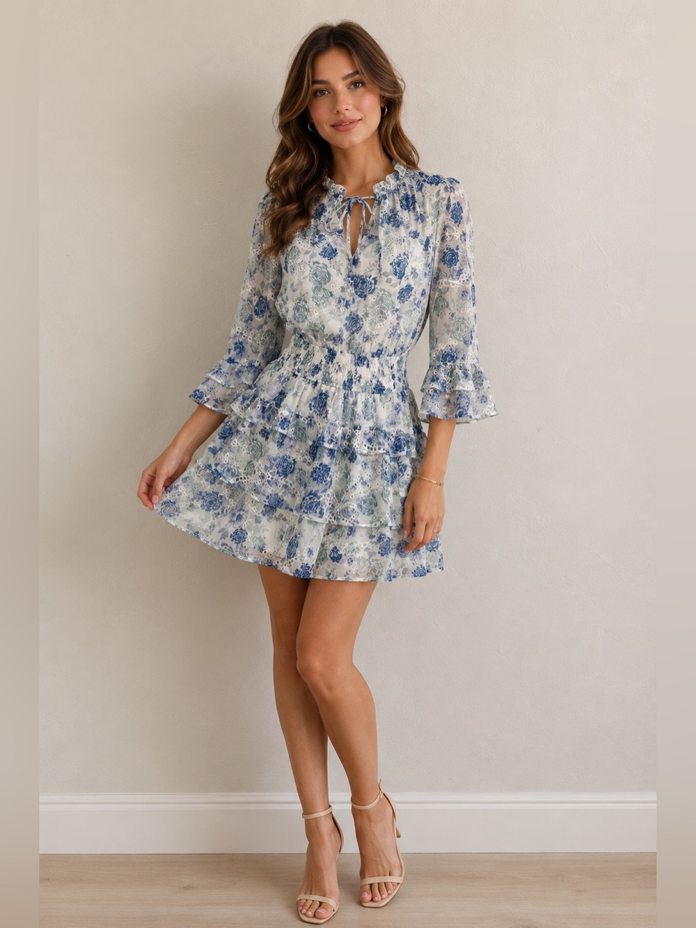 NWT Womens Adelyn Rae Sheer White With Blue Flowers Dress Mini Size XS
